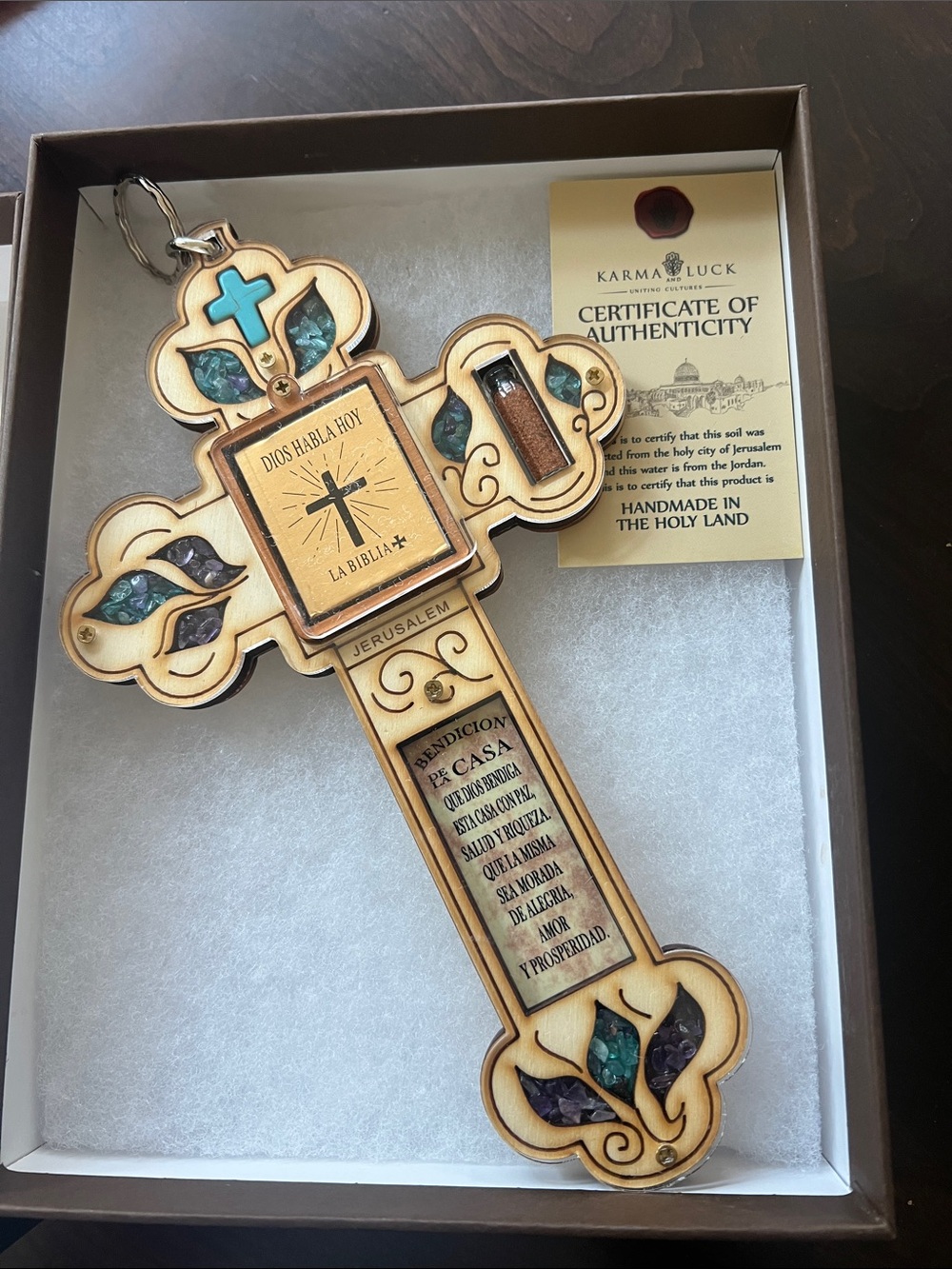 Karma and Luck Wooden Cross with Turquoise Inlay